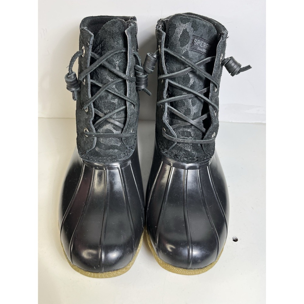 Sperry Saltwater Cheetah Leopard Black Duck Boot 7.5 Women's Rain Boots